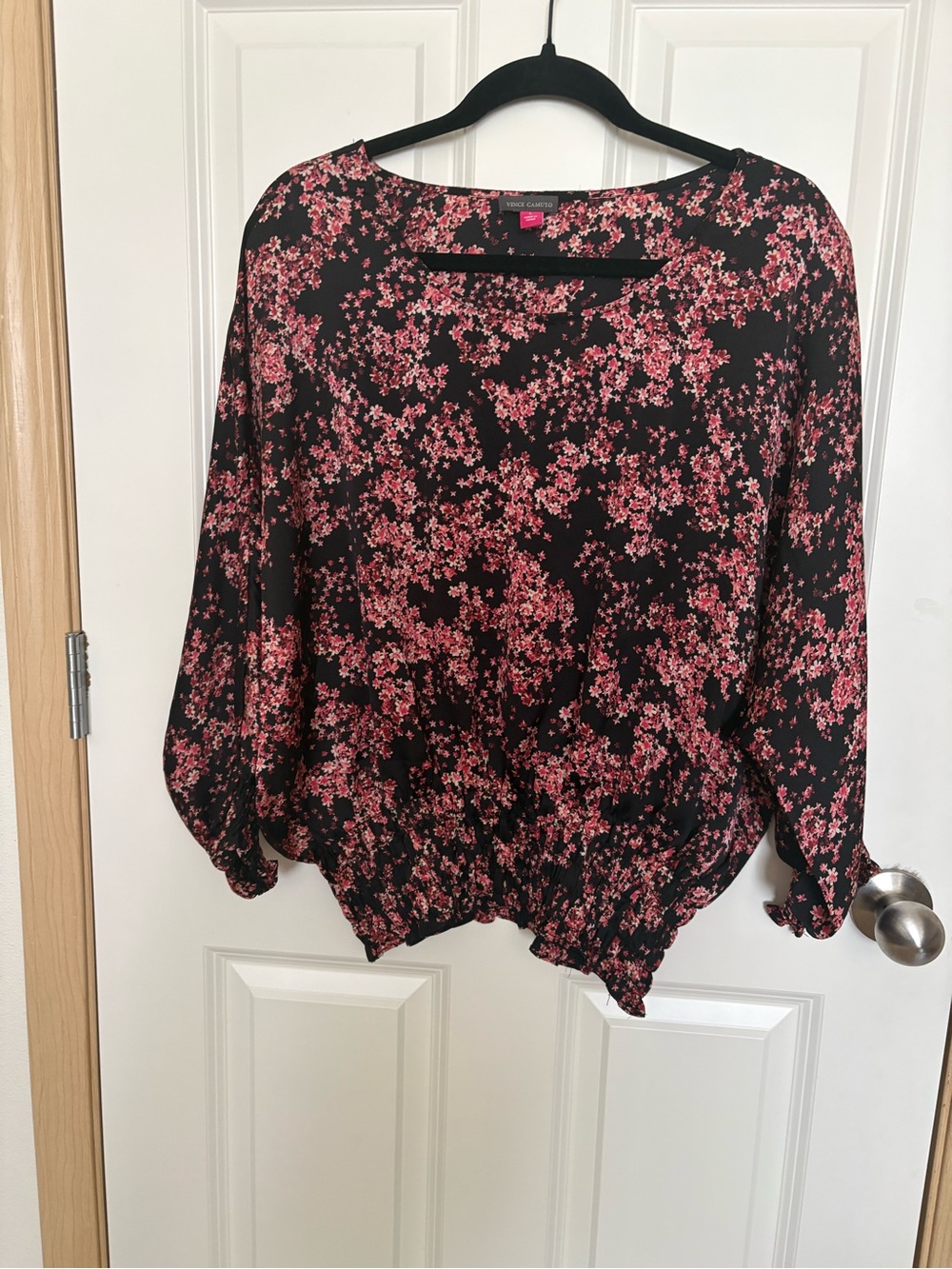 Vince Camuto Black Blouson Top with Pink Floral Print